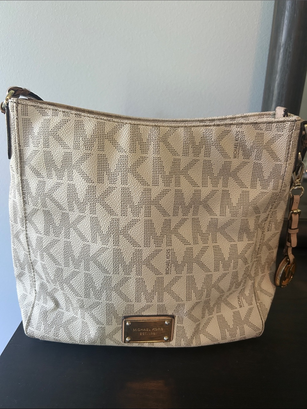 Michael Kors Beige MK Jacquard Shoulder Bag with Gold Hardware